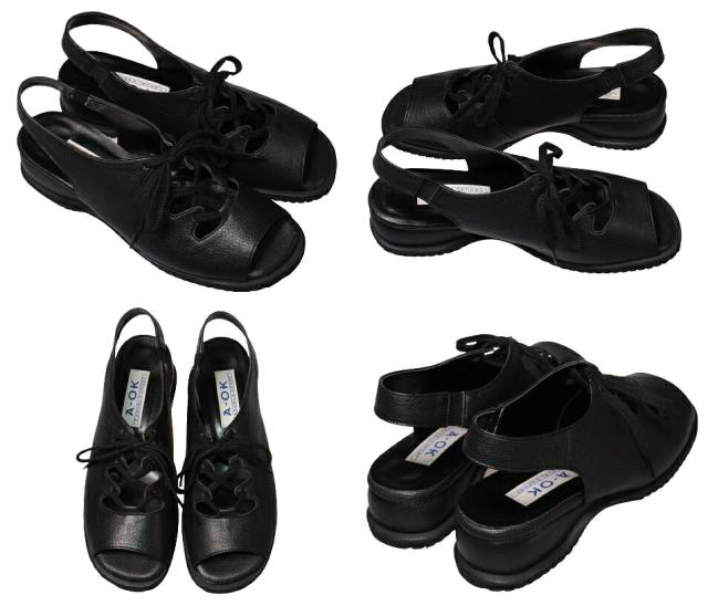 【靴のHOSHIKAWA】  『A-OK 3718』 エーオーケー コンフォート サンダル 21.5cm〜25cm EEEE ブラック レースアップ バックベルト 幅広 軽量 日本製 牛革 春夏