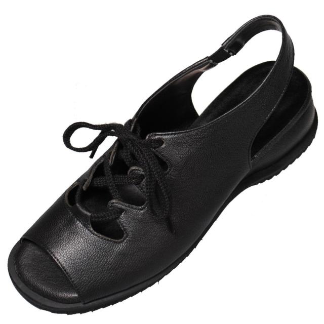 【靴のHOSHIKAWA】  『A-OK 3718』 エーオーケー コンフォート サンダル 21.5cm〜25cm EEEE ブラック レースアップ バックベルト 幅広 軽量 日本製 牛革 春夏