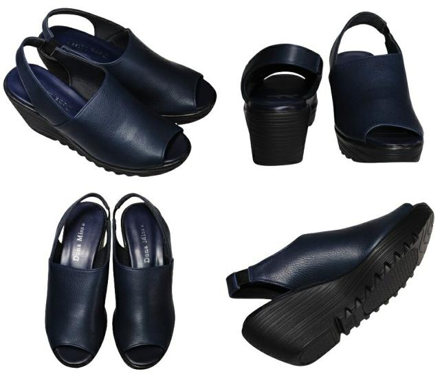 【靴のHOSHIKAWA】  『Dona Miss 3981』 ドナミス サンダル 21.5cm〜25cm EEE ネイビー ウェッジソール バックベルト 前開き 日本製 本革