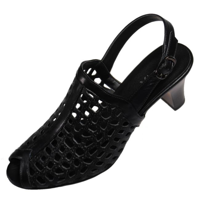 【靴のHOSHIKAWA】  『Dona Miss 6463』 ドナミス パックベルトサンダル 21.5cm〜24.5cm EEE ブラック パンチング オープントゥ ヒール 日本製 本革 春夏