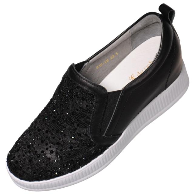 【靴のHOSHIKAWA】  『de ocho A de ocho 816-29』 デオチョアデオチョ スリッポン 22cm〜24.5cm レディース ブラック レザースニーカー ラインストーン 厚底 本革