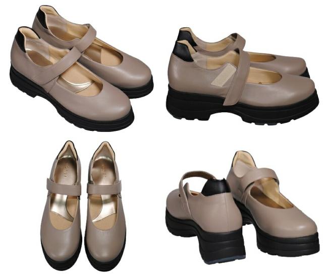 【靴のHOSHIKAWA】  『Monet 883303』 モネ カジュアルシューズ 21.5cm〜24.5cm EEEE 厚底パンプス グレージュ ベルクロ レディース 牛革 日本製