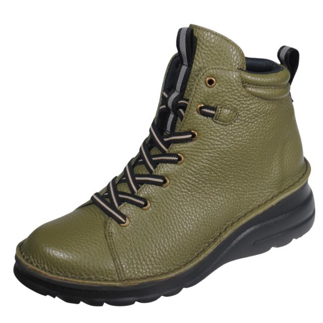 【靴のHOSHIKAWA】  『A-OK 0273』 エーオーケー ミドルブーツ 21.5cm〜25cm EEEE Dカーキ レディース ゴムレース ミドル丈 国産 幅広 厚底 軽量 秋冬