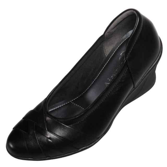 【靴のHOSHIKAWA】  『Airystep 6051』 エアリーステップ パンプス 22cm〜24.5cm EEE ブラック  レディース ウェッジソール カジュアル 牛革 オールシーズン