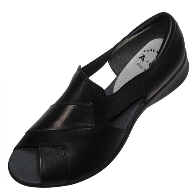 【靴のHOSHIKAWA】  『A-OK 0790』 エーオーケー サンダル 22cm〜24.5cm EEE オープントゥ レディース クロ コンフォート ウェッジソール 天然皮革 日本製 春夏