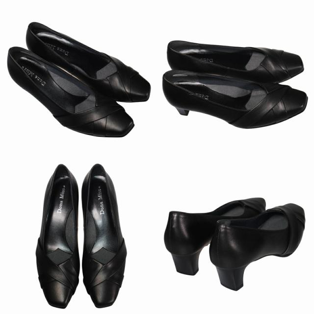 【靴のHOSHIKAWA】  『Dona Miss 1286』 ドナミス パンプス 21.5cm〜24.5cm EEE ブラック レディース ローヒール アーモンドトゥ フォーマル カジュアル 幅広 牛革 国産