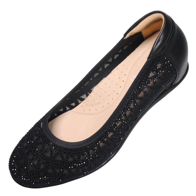 【靴のHOSHIKAWA】  『Dona Miss 129-9』 22cm〜24.5cm レディース ドナミス パンプス ブラック ラインストーン ウェッジソール インヒール チュールレース 涼しい 本革 軽い 春夏