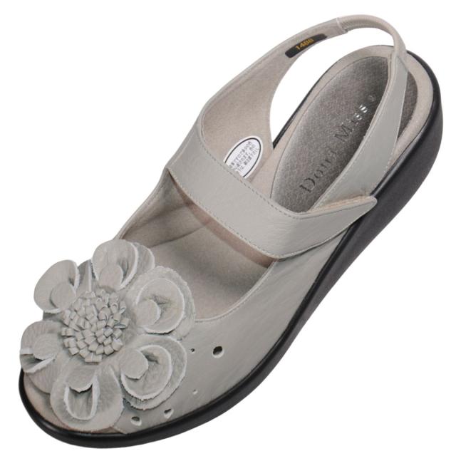 【靴のHOSHIKAWA】  『Dona Miss 1488』 ドナミス サンダル 21.5cm〜24.5cm EEEE  レディース グレー フラワーモチーフ バックベルト コンフォート 国産 厚底 本革 春夏