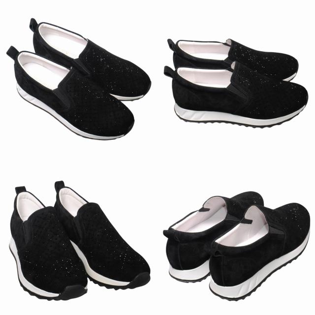 【靴のHOSHIKAWA】  『de ocho A de ocho 162-18837』 デオチョアデオチョ スリッポン 22cm〜25.5cm レディース ブラック レザースニーカー ラインストーン スウェード 厚底 本革