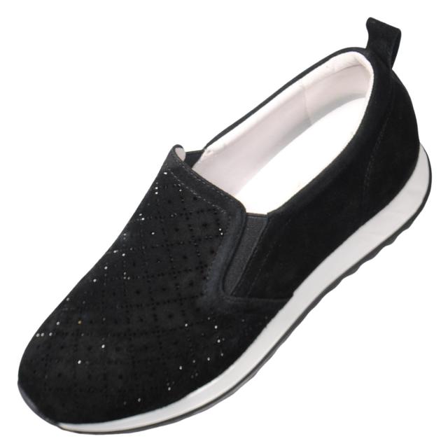 【靴のHOSHIKAWA】  『de ocho A de ocho 162-18837』 デオチョアデオチョ スリッポン 22cm〜25.5cm レディース ブラック レザースニーカー ラインストーン スウェード 厚底 本革