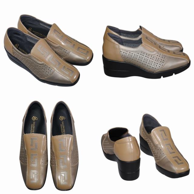 【靴のHOSHIKAWA】  『SALON DE GRES 18582』 サロンドグレー スリッポン 21.5cm〜24.5cm EEEE ベージュP レディース コンフォート ウェッジソール 国産 本革 外反母趾