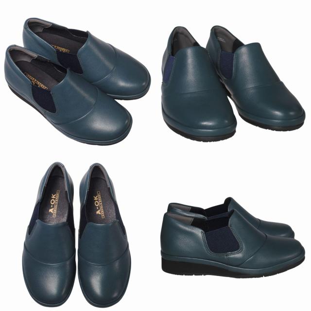 【靴のHOSHIKAWA】  『A-OK 1865』 エーオーケー スリッポン 22.5cm〜24.5cm EEEEE 外反母趾対応 幅広 レディース フラット底 ラウンドトゥ 牛革 撥水 防滑