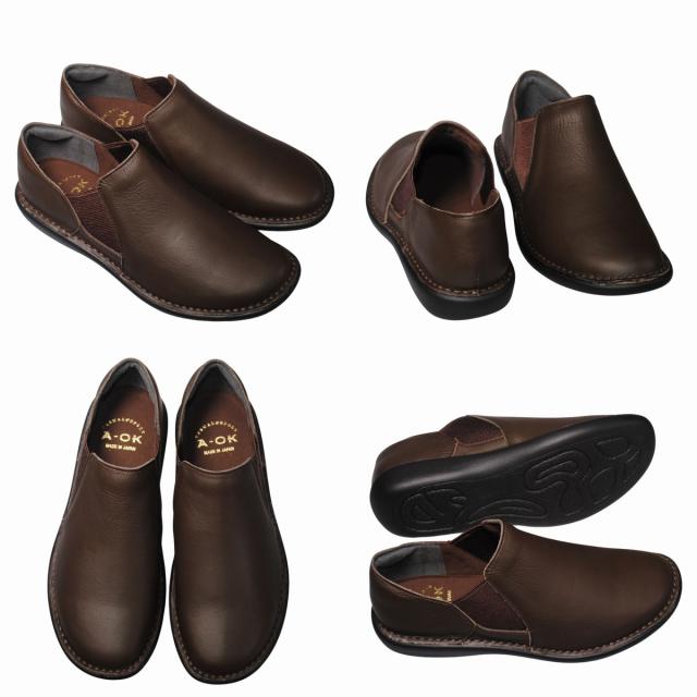 【靴のHOSHIKAWA】  『A-OK 19604』 エーオーケー スリッポン 22cm〜24.5cm EEEE ダークブラウン カジュアル レディース ローヒール サイドゴア 牛革 幅広 国産