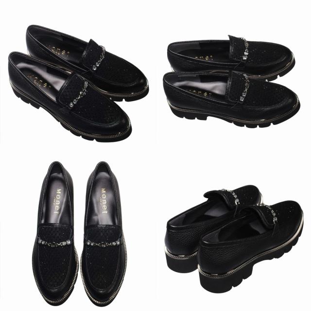 【靴のHOSHIKAWA】  『MONET 211520』 モネ ビットローファー 21.5cm〜24.5cm EEE トラックソール レディース シロ ラインストーン 通気性 国産 本革 春夏