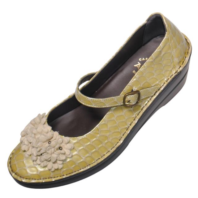 【靴のHOSHIKAWA】  『A-OK 32362』 エーオーケー パンプス 22cm〜24.5cm 幅広 オープントゥ レディース イエロー エナメル 厚底 甲バンド ストラップ 天然皮革 日本製