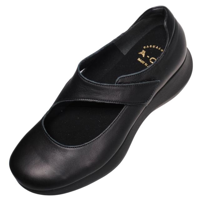 【靴のHOSHIKAWA】  『A-OK 33364』 エーオーケー 厚底パンプス 22cm〜24.5cm EEEE ブラック カジュアル レディース ボリュームソール マジックテープ 幅が広い 牛革 国産