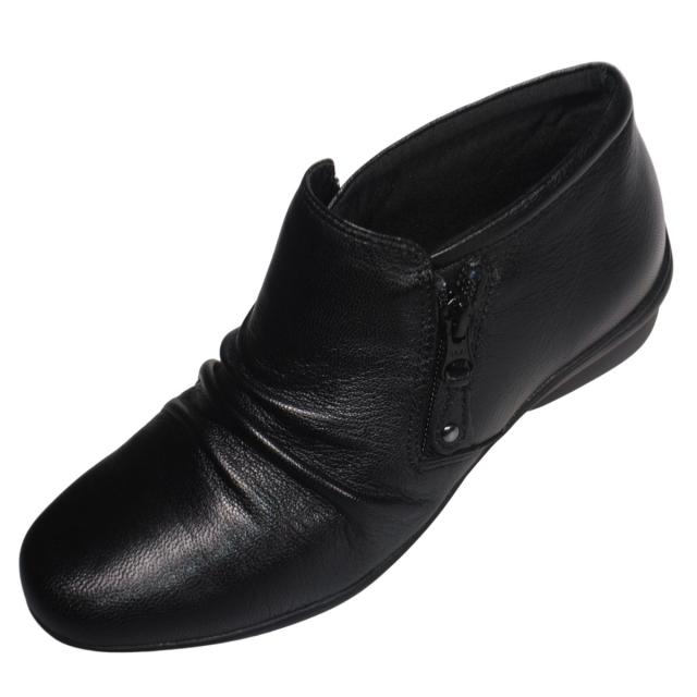 【靴のHOSHIKAWA】  『A-OK 3650』 エーオーケー ブーティー 22.5cm〜24.5cm レディース ブラック ショート丈 ブーツ 両側ファスナー 牛革 幅広 秋冬