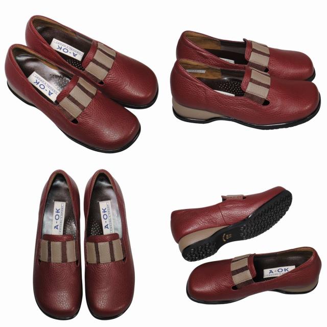 【靴のHOSHIKAWA】  『A-OK 3820』 エーオーケー スリッポン 21.5cm〜24.5cm EEEE ボルドー カジュアル レディース ローヒール 外反母趾対応 牛革 国産