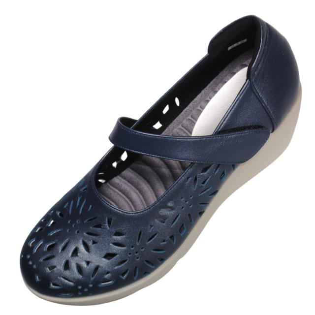 【靴のHOSHIKAWA】  『Dona Miss 423』 ドナミス ウェッジソールパンプス 21.5cm〜24.5cm EEEE ネイビーM レディース ウェッジヒール ベルクロ 幅広 牛革 国産