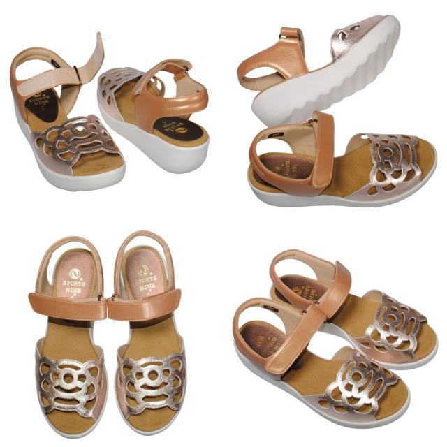 【靴のHOSHIKAWA】  『SPORTS NINE 4707』 スポーツナイン サンダル 21.5cm〜24.5cm EEE ピンク オープントゥ ウェッジソール マジックテープ コンフォート バックベルト 日本製 本革 春夏