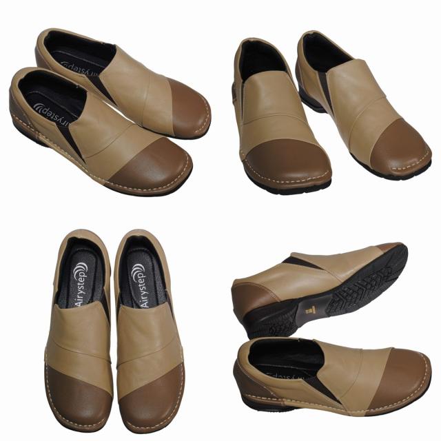 【靴のHOSHIKAWA】  『Airystep 4946』 エアリーステップ スリッポン 22cm〜24.5cm EEE ベージュ/キャメル レディース 天然皮革 フラット 幅広