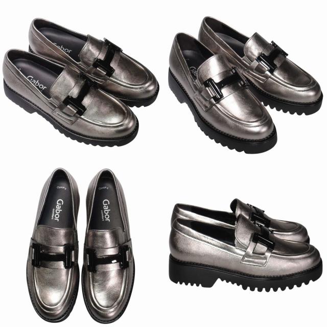 【靴のHOSHIKAWA】  『Gabor 52452』 ガボール ビットローファー 22cm〜25.5cm レディース シルバー ポルトガル 天然皮革 厚底 秋冬