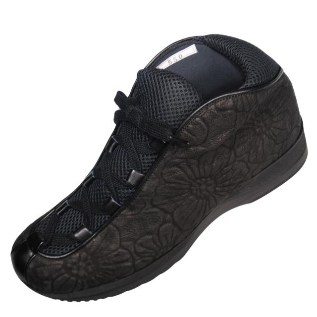 【靴のHOSHIKAWA】  『SPORTS NINE 550』 スポーツナイン ブーティー 21.5cm〜25cm ブラック レースアップ カジュアル ブーツ ショート丈 ブラック フラワー型押し 幅広 本革 国産 秋冬