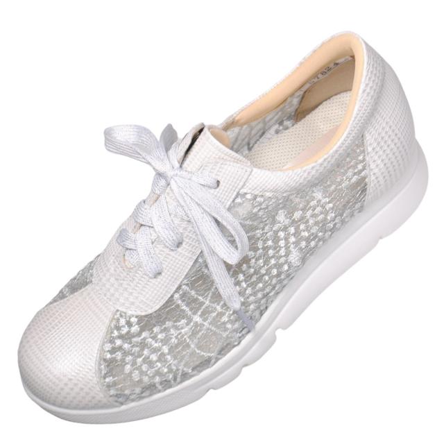 【靴のHOSHIKAWA】  『Dona Miss 57824』 ドナミス コンフォートシューズ 21.5cm〜25cm EEEE ホワイト チュールレース レディース レースアップ 幅広 牛革 国産 春夏