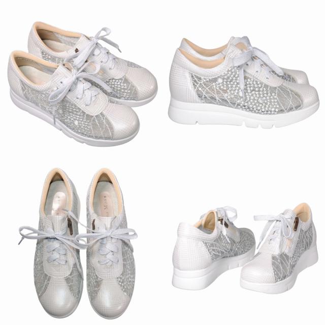 【靴のHOSHIKAWA】  『Dona Miss 57824』 ドナミス コンフォートシューズ 21.5cm〜25cm EEEE ホワイト チュールレース レディース レースアップ 幅広 牛革 国産 春夏