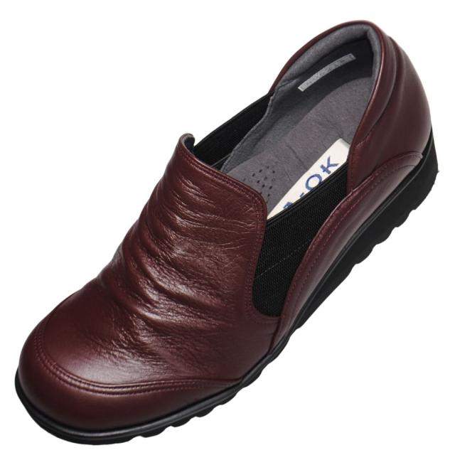 【靴のHOSHIKAWA】  『A-OK 6218』 エーオーケー スリッポン 22cm〜24.5cm レディース ボルドー サイドゴア ブーティー シボ加工 牛革 幅広 日本製 秋冬