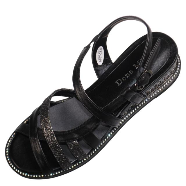 【靴のHOSHIKAWA】  『Dona Miss 6907』 ドナミス サンダル 22.5cm〜24.5cm EEE  レディース ブラック クリスタルヒール バックベルト ストラップ 国産 厚底 本革 春夏