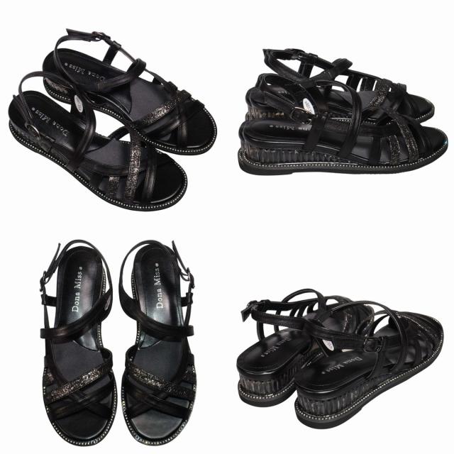 【靴のHOSHIKAWA】  『Dona Miss 6907』 ドナミス サンダル 22.5cm〜24.5cm EEE  レディース ブラック クリスタルヒール バックベルト ストラップ 国産 厚底 本革 春夏