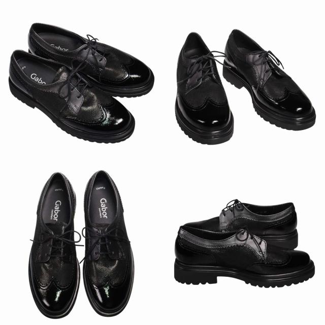 【靴のHOSHIKAWA】  『Gabor 72555』 ガボール レディース オックスフォードシューズ 22cm〜25.5cm ブラックC スロバキア エナメル革 マニッシュ ウィングチップ 天然皮革 厚底 秋冬