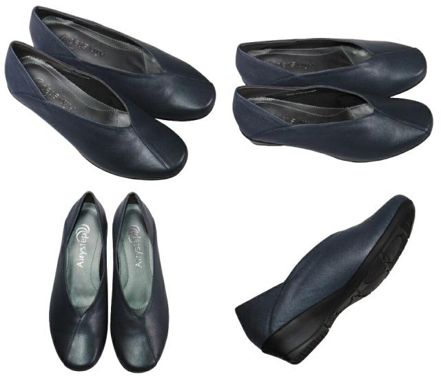 【靴のHOSHIKAWA】  『Airystep 7537』 エアリーステップ パンプス 22.5cm〜24.5cm EEE ネイビー レディース ウェッジソール カジュアル 牛革 国産