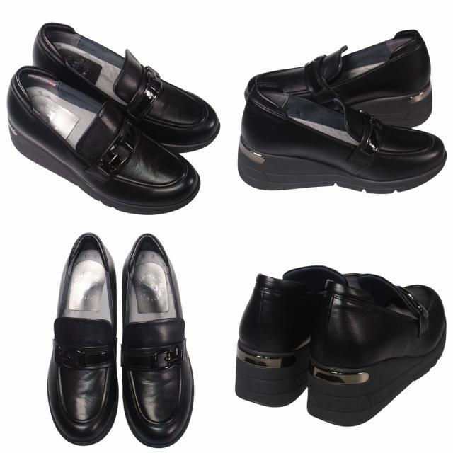 【靴のHOSHIKAWA】  『MOVEO 92031』 モベオ 厚底ローファー 22.5cm〜24.5cm EEEE レディース ブラックメタ 日本製 幅が広い 本革 軽量 秋冬