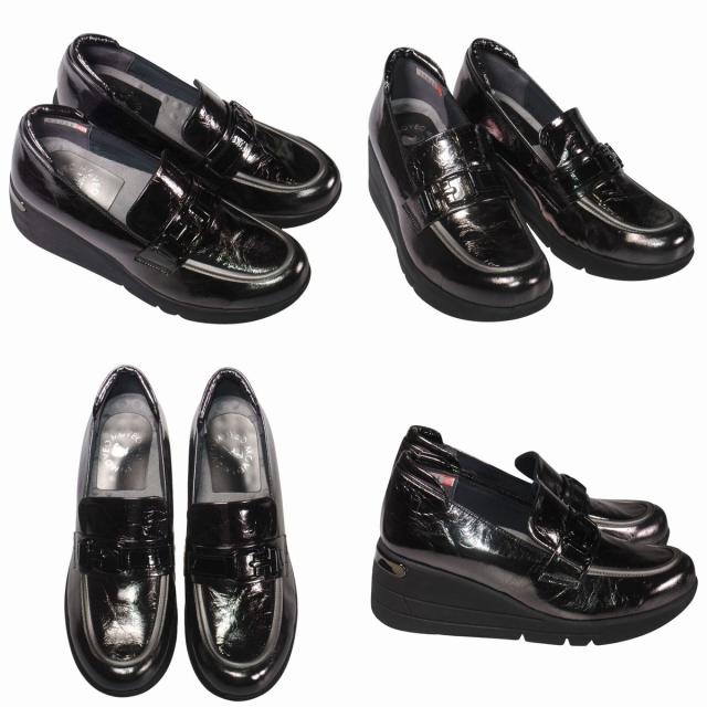 【靴のHOSHIKAWA】  『MOVEO 92031』 モベオ 厚底ローファー 22.5cm〜24.5cm EEEE レディース ブラックメタ 日本製 幅が広い 本革 軽量 秋冬