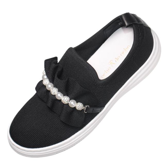 【靴のHOSHIKAWA】  『de ocho A de ocho J52-28』 デオチョアデオチョ スリッポン 22cm〜24.5cm レディース ブラック スニーカー パール ストレッチ 軽量 通気性 春夏