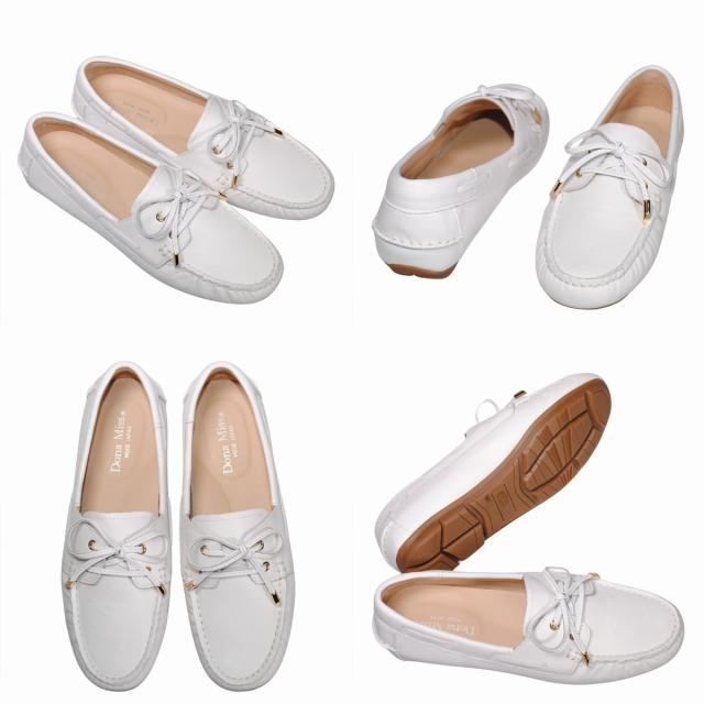 【靴のHOSHIKAWA】  『Dona Miss 10029-73』 21.5cm〜25cm レディース ドナミス ローファー レース ホワイト フラット スクエアトウ 低反発クッション 本革