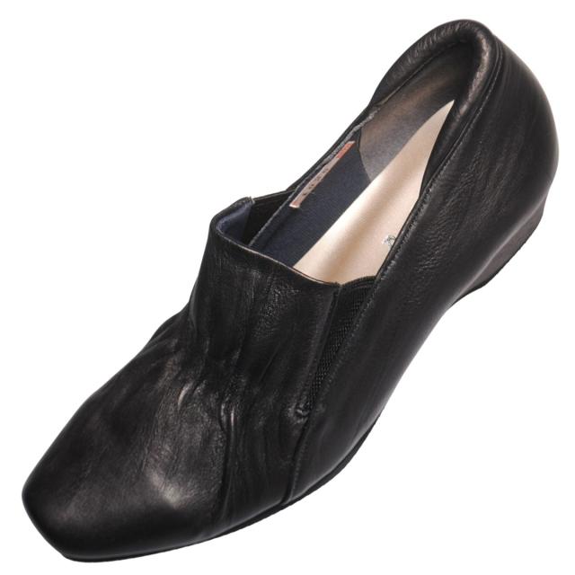 【靴のHOSHIKAWA】  『A-OK 1020』 22cm〜24.5cm EEEE レディース パンプス ブラック ローヒール 幅が広い アーモンドトゥ サイドゴア シボ加工 日本製 本革 幅広