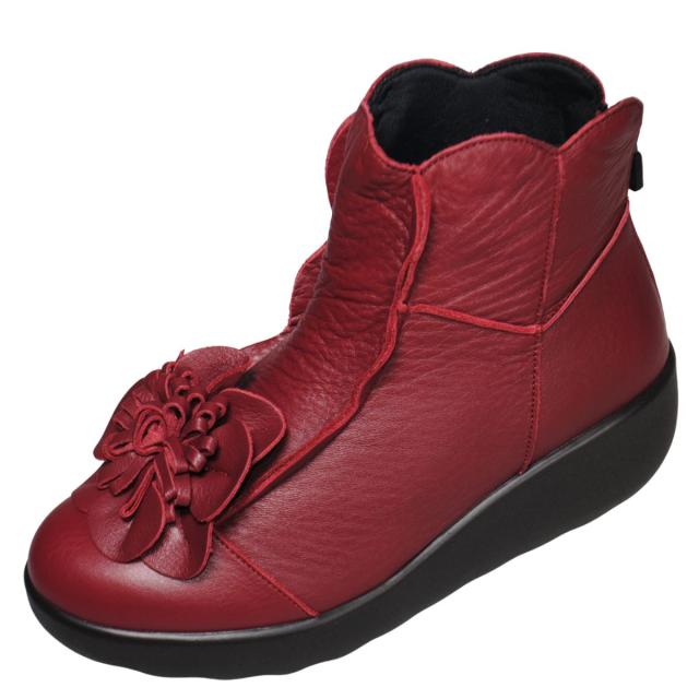 【靴のHOSHIKAWA】  『SPORTS NINE 1422』 スポーツナイン ショートブーツ 21.5cm〜24.5cm EEE ワイン レディース ショート丈 厚底 ブーツ 花コサージュ 後ろファスナー 本革 国産 秋冬