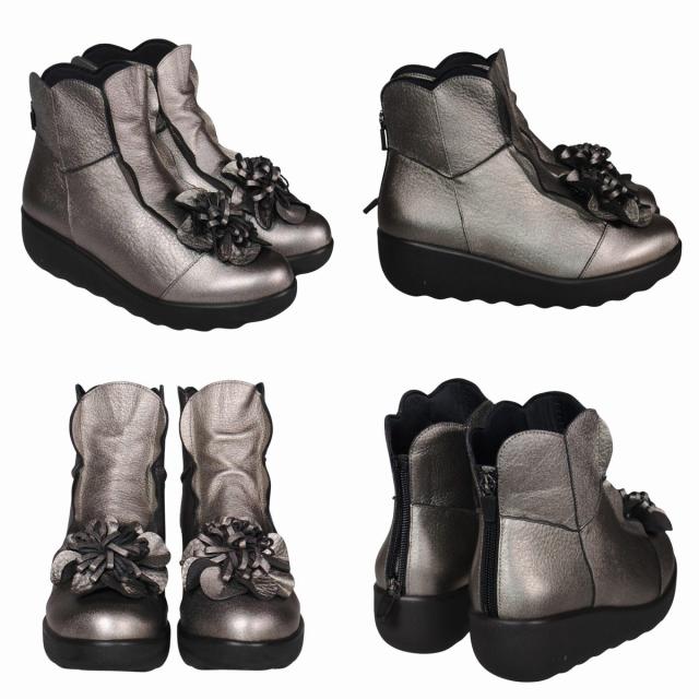 【靴のHOSHIKAWA】  『SPORTS NINE 1422』 スポーツナイン ショートブーツ 21.5cm〜24.5cm EEE ブラック レディース ショート丈 厚底 ブーツ 花コサージュ 後ろファスナー 本革 国産 秋冬