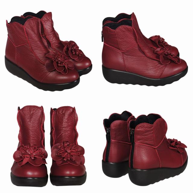 【靴のHOSHIKAWA】  『SPORTS NINE 1422』 スポーツナイン ショートブーツ 21.5cm〜24.5cm EEE ブラック レディース ショート丈 厚底 ブーツ 花コサージュ 後ろファスナー 本革 国産 秋冬