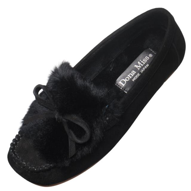 【靴のHOSHIKAWA】  『Dona Miss 1991-8』 ドナミス モカシン 22cm〜24.5cm レディース ブラック ラビットファー カジュアル レザーシューズ スクエアトゥ フラット  国産 天然皮革 秋冬