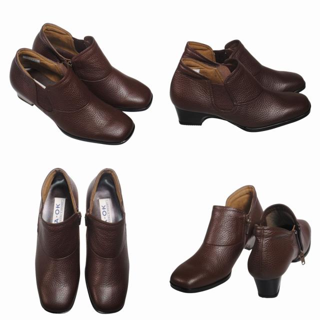 【靴のHOSHIKAWA】  『A-OK 2482』 エーオーケー ブーティー 21.5cm〜24.5cm EEE チョコ レディース ローヒール ショート丈 サイドファスナー 国産 幅広 秋冬