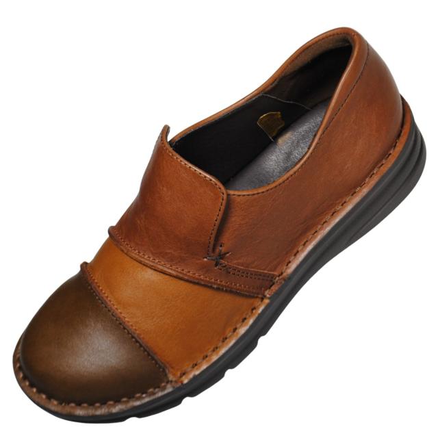 【靴のHOSHIKAWA】  『A-OK 3757』 エーオーケー スリッポン 22.5cm〜24.5cm EEEE レディース ブラウンC コンビカラー 幅が広い コンフォートシューズ 天然皮革 フラット底 日本製