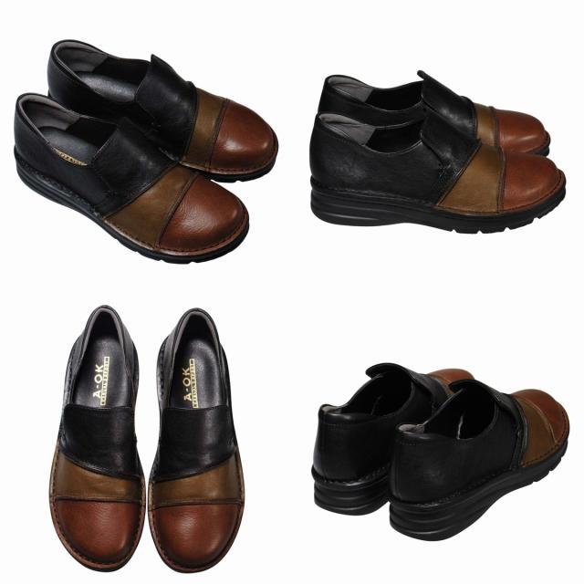 【靴のHOSHIKAWA】  『A-OK 3757』 エーオーケー スリッポン 22.5cm〜24.5cm EEEE レディース ブラウンC コンビカラー 幅が広い コンフォートシューズ 天然皮革 フラット底 日本製