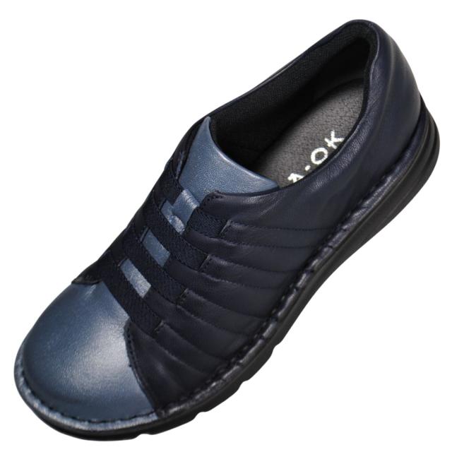 【靴のHOSHIKAWA】  『A-OK 3762』 エーオーケー スリッポン 22.5cm〜24.5cm EEEE ネイビー コンビカラー レディース ゴムレース 牛革 幅広 脱げにくい