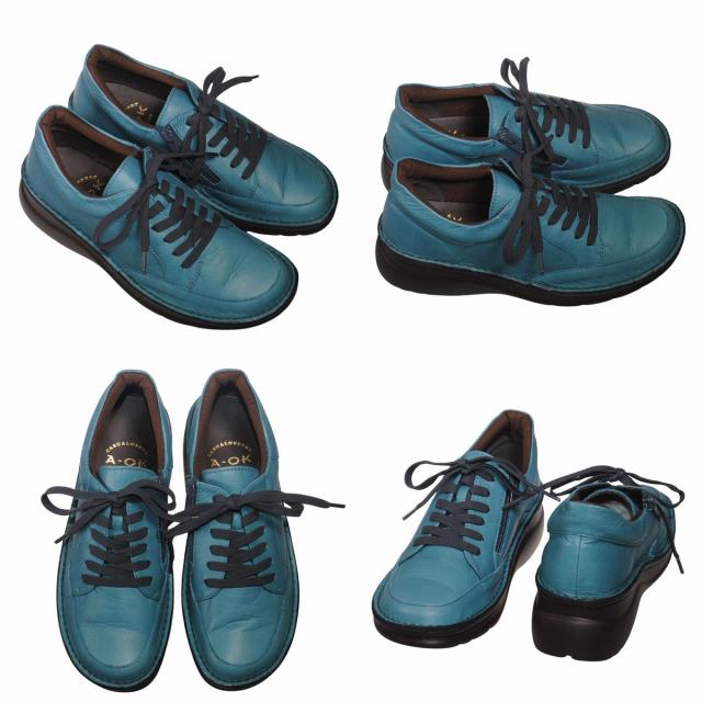 【靴のHOSHIKAWA】  『A-OK 60251』 エーオーケー ブーティー 22cm〜24.5cm レディース ブルーグレー カジュアル レースアップ ファスナー コンフォートシューズ 幅が広い 牛革 国産