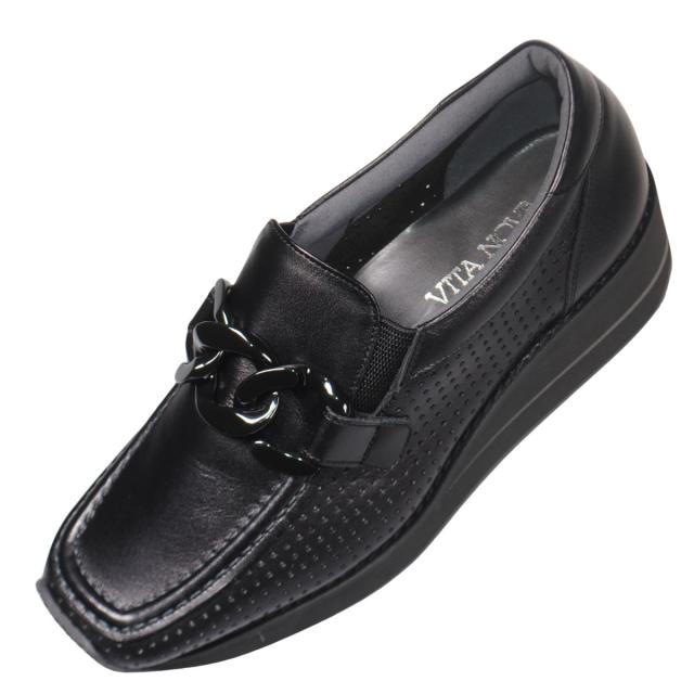 【靴のHOSHIKAWA】  『VITA NOVA 6975』 ヴィタノバ スリッポン 21.5cm〜24.5cm EEE レザーシューズ レディース ブラック ローファー ウェッジソール チェーン スクエアトゥ 牛革 厚底