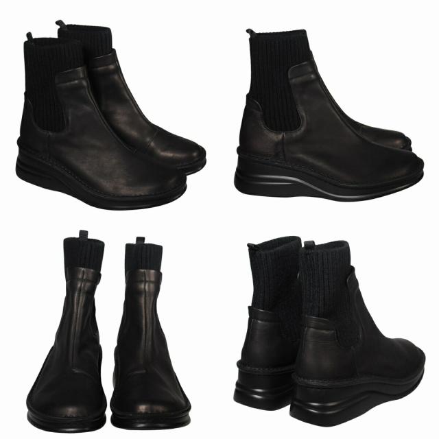 【靴のHOSHIKAWA】  『A-OK 7094』 エーオーケー ニットブーツ 22cm〜24.5cm 幅広 レディース ブラック ショート丈 ブーツ 牛革 厚底 秋冬